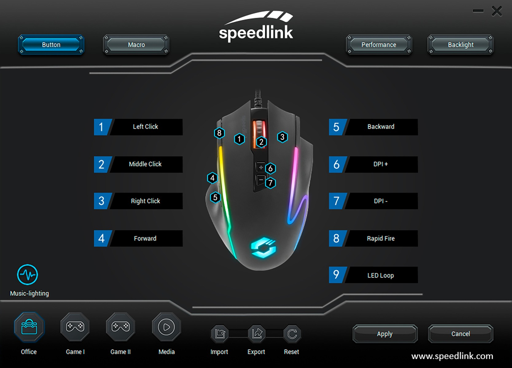 Speedlink-Gaming-Maus-Oberfläche. Tasten für Links-/Rechtsklick, DPI und mehr, mit einer zentralen Mausgrafik und Bedienfeld.