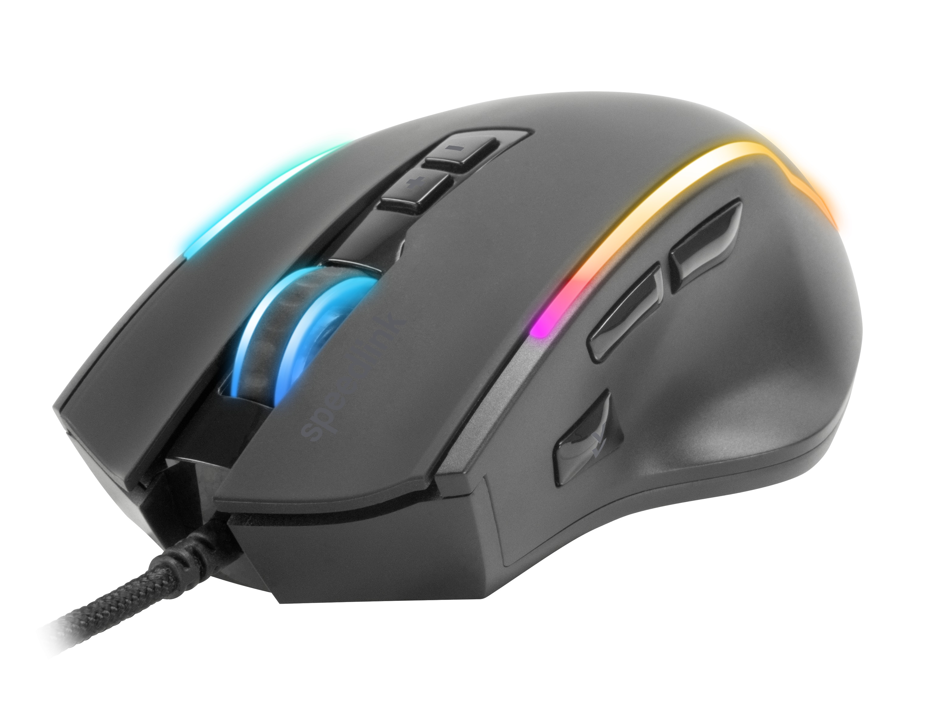 Schwarze Gaming-Maus mit RGB-Beleuchtung. Verfügt über Tasten, ein Scrollrad und ein geflochtenes Kabel. Isoliert auf Weiß.