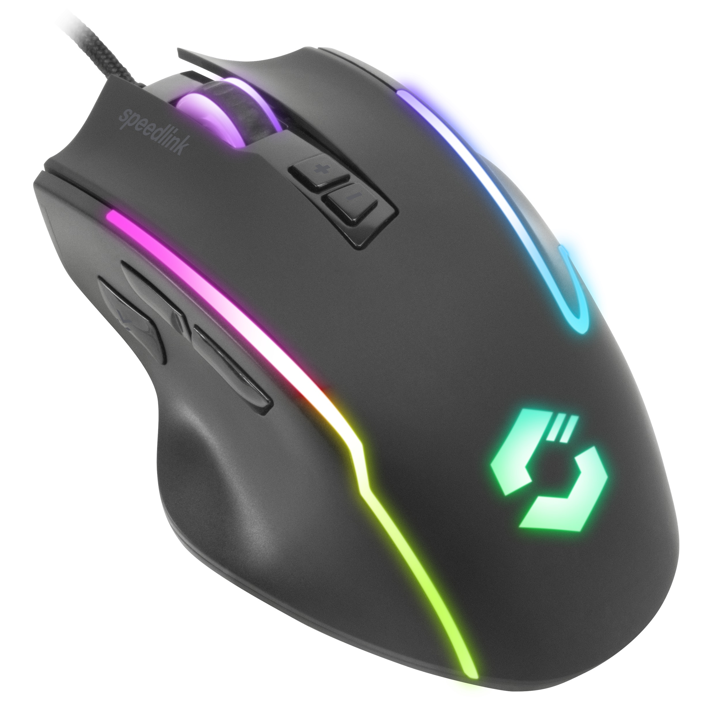 Eine schwarze Gaming-Maus mit leuchtendem Logo und Lichtstreifen, Markenname 'speedlink', Tasten und geflochtenem Kabel.