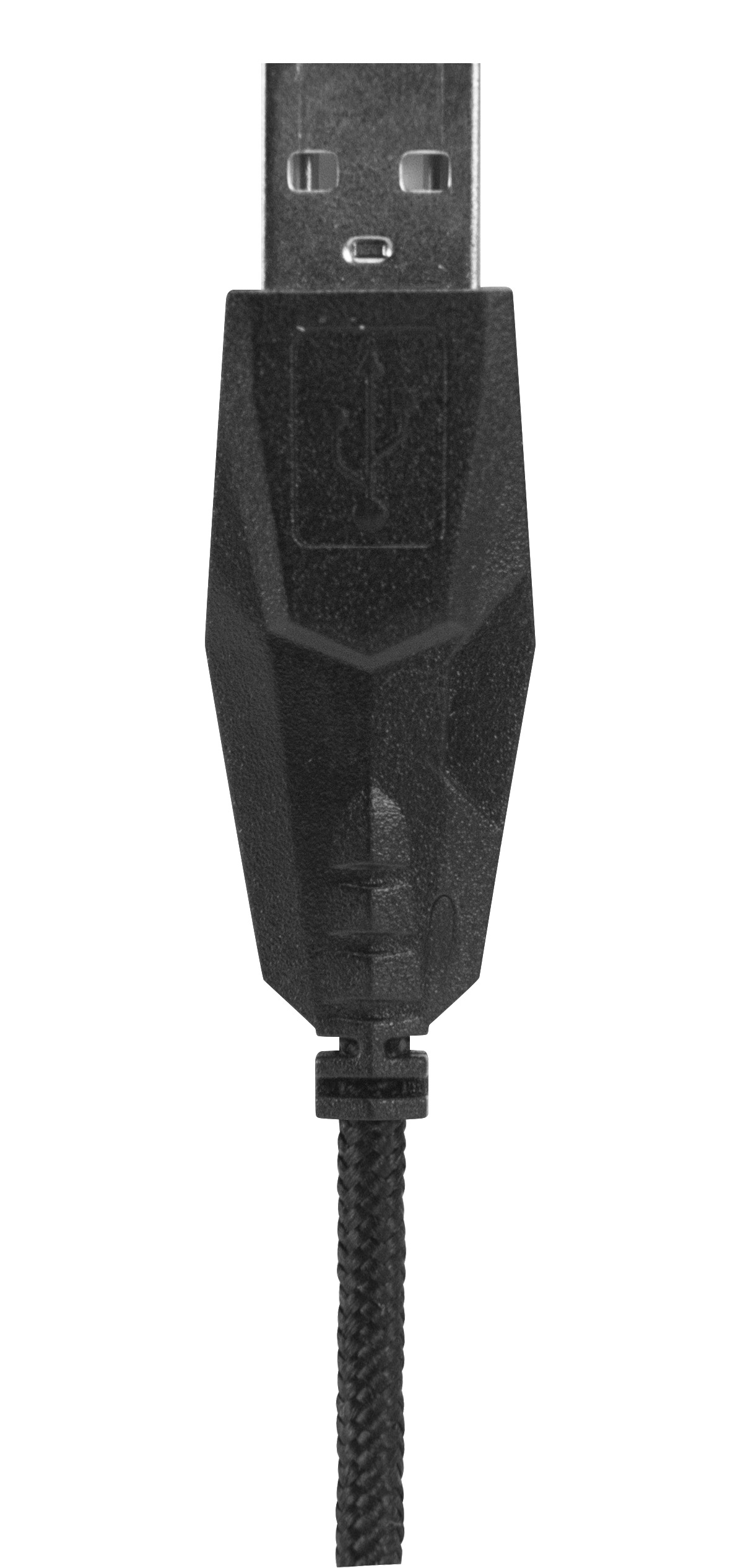 Nahaufnahme eines schwarzen USB-Kabels mit USB-A-Anschluss. Das Kabel hat ein strukturiertes, geflochtenes Design.