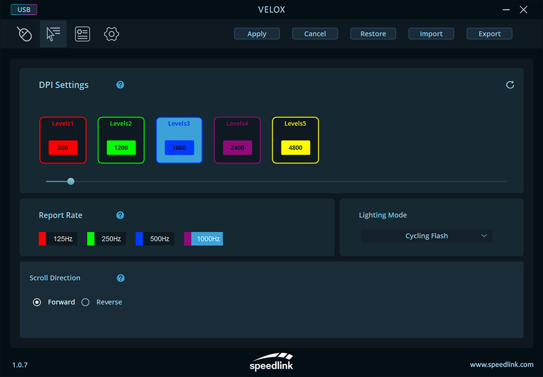 VELOX-Softwareoberfläche. Es bietet DPI-Einstellungen, Berichtsfrequenz und Scrollrichtungseinstellungen. Enthält Optionen für den Beleuchtungsmodus.