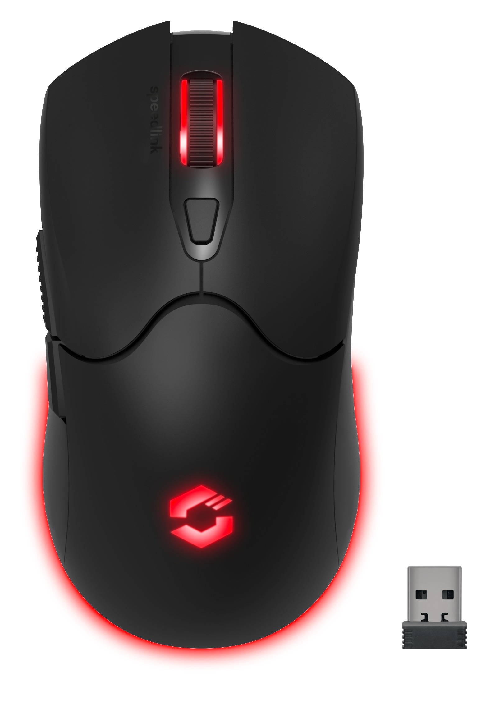 Schwarze Gaming-Maus mit roten Akzenten und USB-Empfänger. Verfügt über ein rot beleuchtetes Scrollrad und Logo.