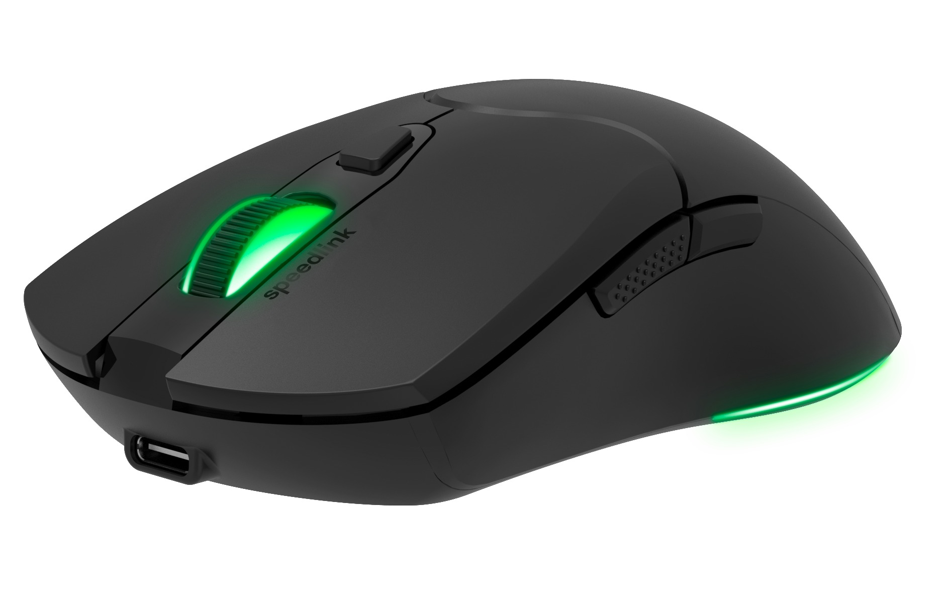 Eine schwarze Speedlink-Gaming-Maus. Sie hat ein grün leuchtendes Scrollrad und eine Basis. Ein USB-Anschluss ist sichtbar.