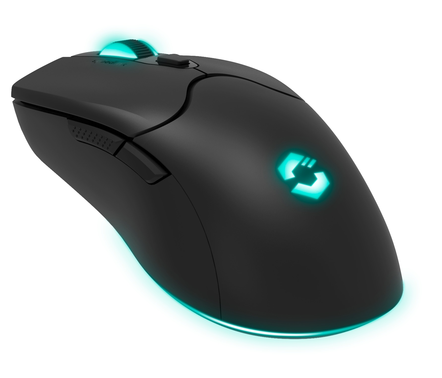 Eine schwarze Gaming-Maus mit türkisfarbener Beleuchtung. Sie hat ein Scrollrad, Tasten und ein leuchtendes Logo. Die Kanten sind ebenfalls beleuchtet.