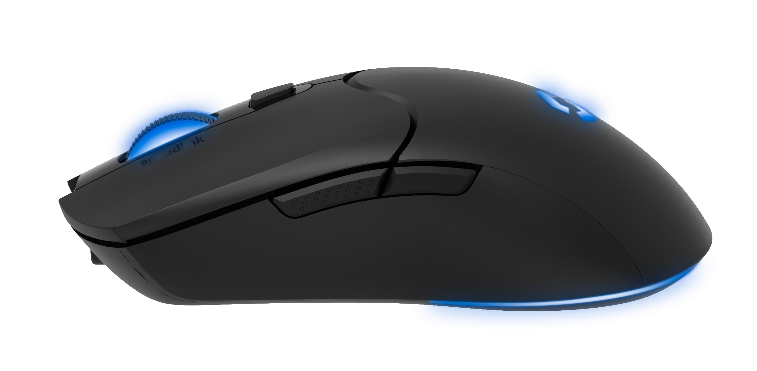 Eine schwarze Speedlink-Gaming-Maus mit blau leuchtenden Akzenten. Scrollrad und Logo sind beleuchtet. Sie befindet sich auf weißem Hintergrund.