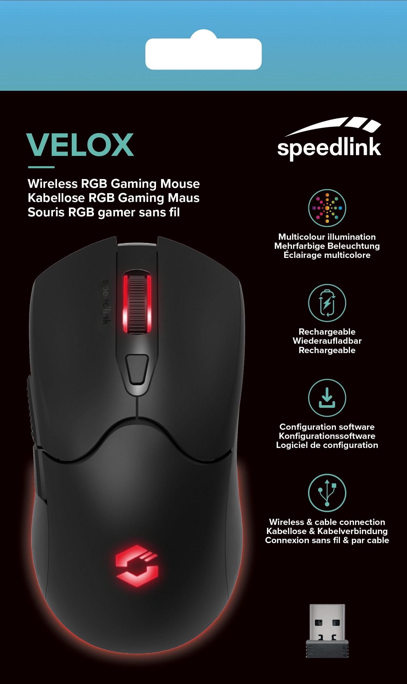 Schwarze Gaming-Maus mit roten Lichtern. Die Box zeigt Produktname und Funktionen mit dem Speedlink-Logo.
