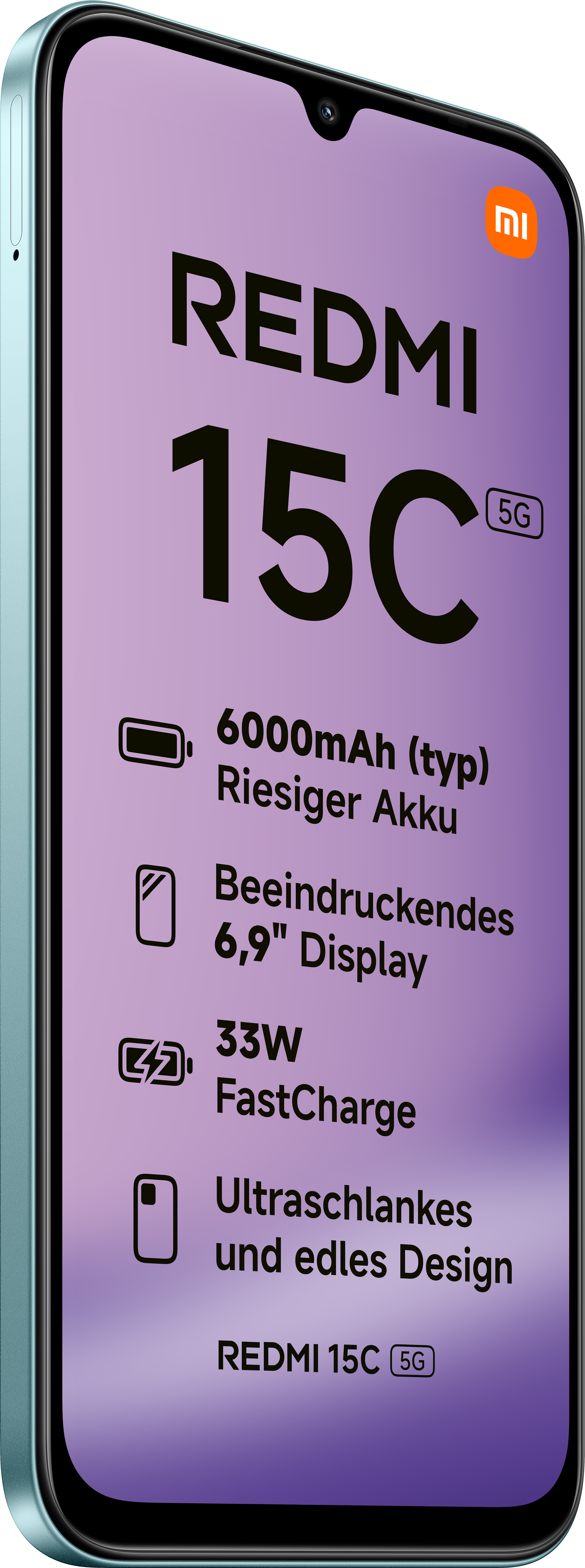 Un smartphone affiche le modèle Redmi 15C avec des fonctionnalités comme une batterie de 6000mAh et une charge rapide de 33W, dans un cadre sarcelle.