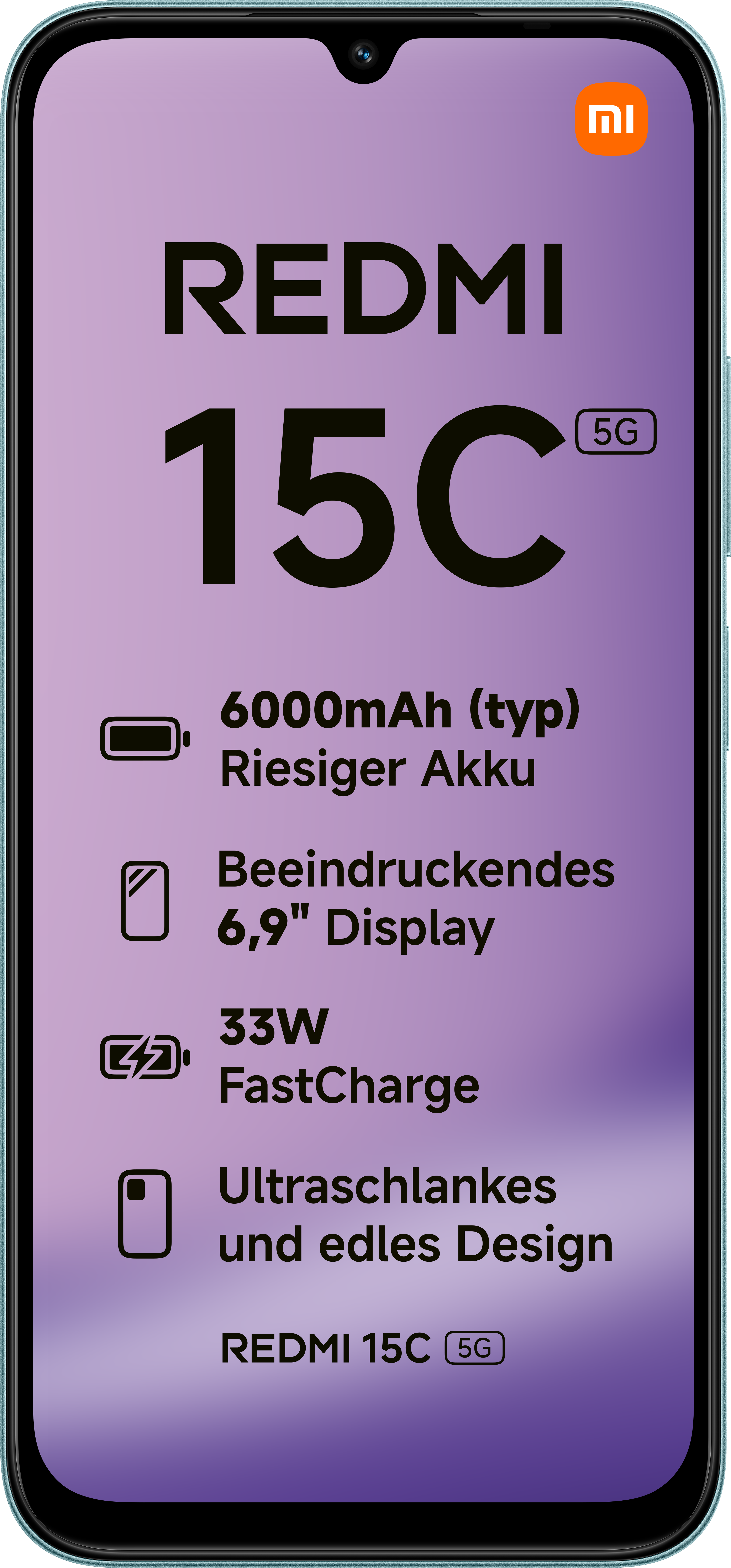 Smartphone Redmi 15C: batterie 6000mAh, écran 6.9", charge rapide 33W, design fin. Fond dégradé violet.