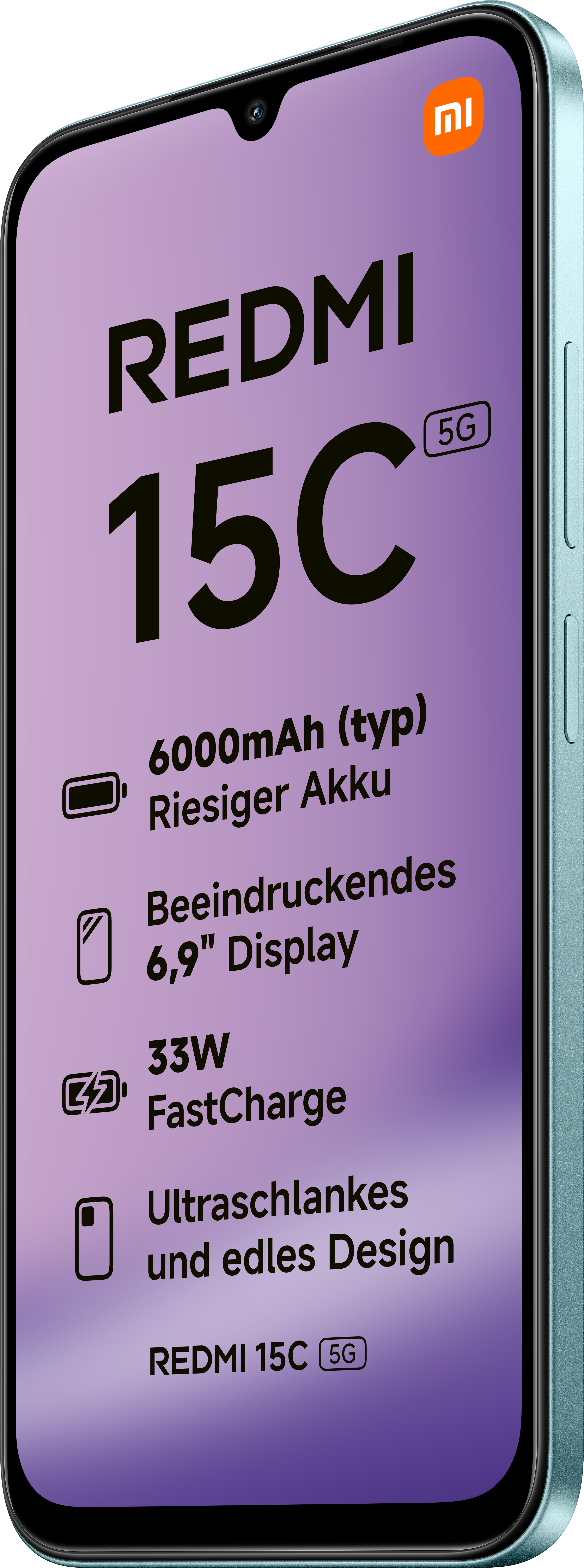 Écran de smartphone affichant 'REDMI 15C'. Caractéristiques : grande batterie, écran 6,9" et FastCharge. Le logo de la marque est visible.