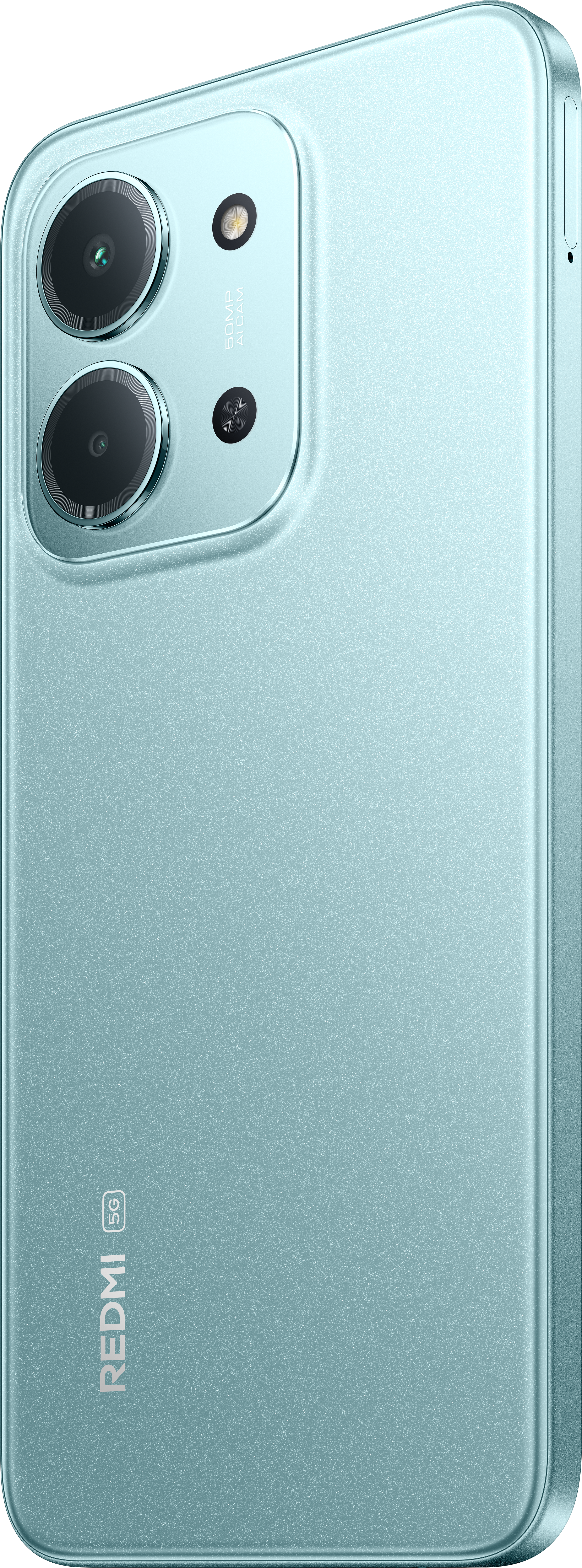 Dos de smartphone vert clair avec double caméra et flash. Le logo 'Redmi 5G' est visible.