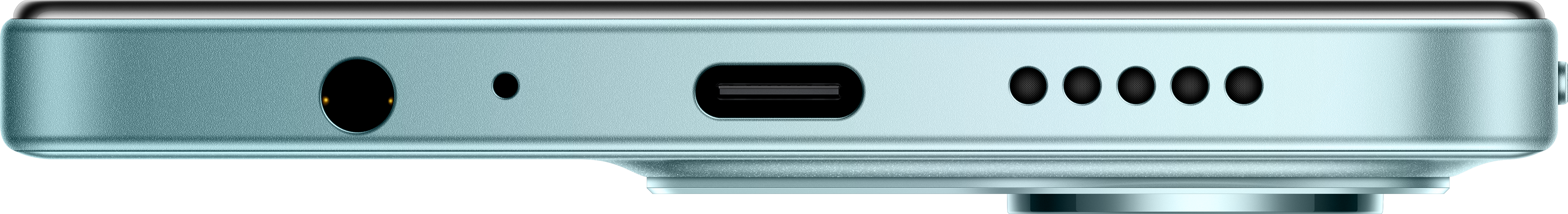 Gros plan sur le bord inférieur d'un téléphone bleu clair, montrant une prise casque, un port USB-C et des trous de haut-parleur. Fond noir.