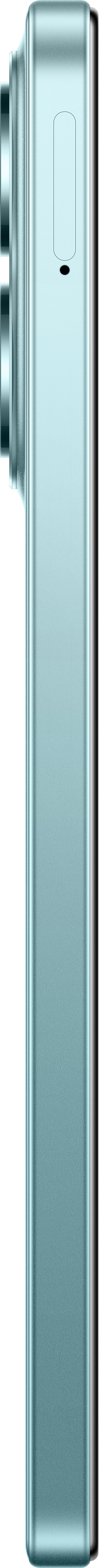 Vue latérale d'un smartphone bleu-vert avec des objectifs d'appareil photo à gauche et fond noir.
