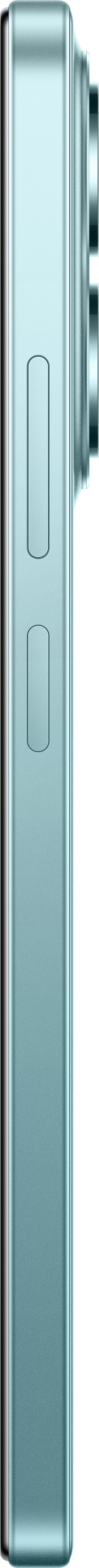 Vue latérale d'un smartphone sarcelle avec deux boutons et une protubérance de caméra sur le côté droit. Le téléphone a une finition métallique.