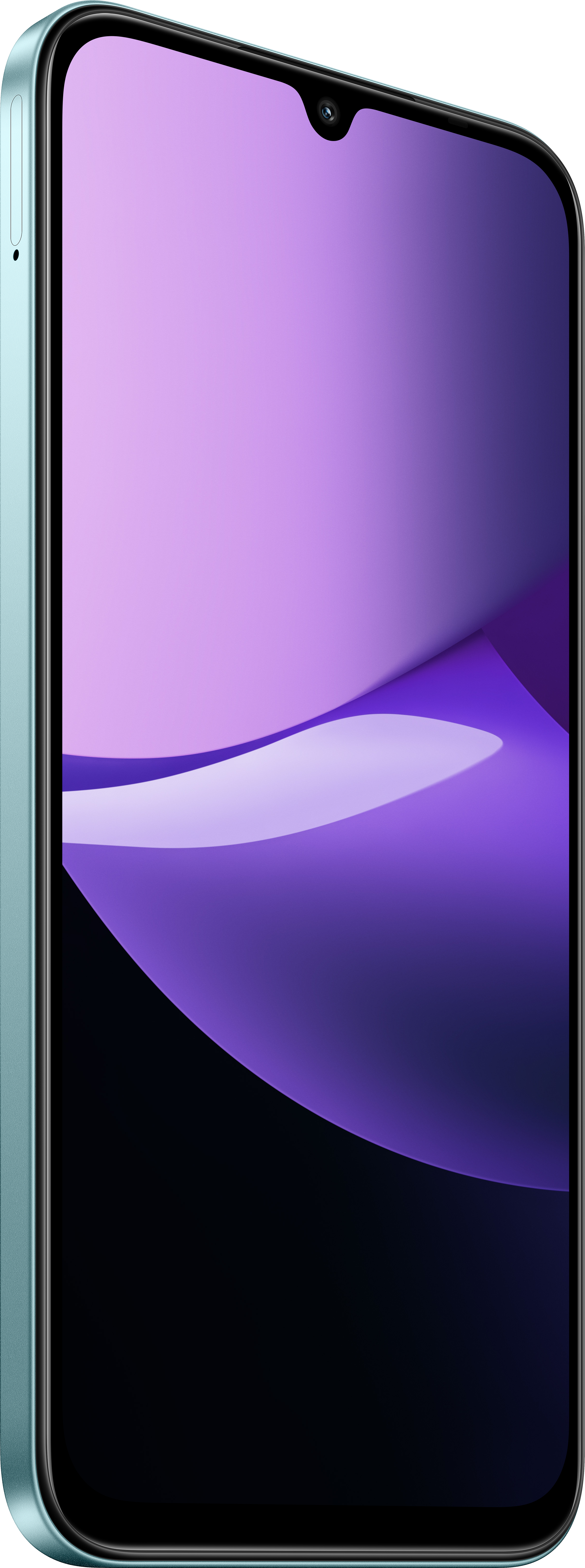 Un smartphone avec un écran dégradé violet. Le téléphone est vert clair, avec caméra frontale.
