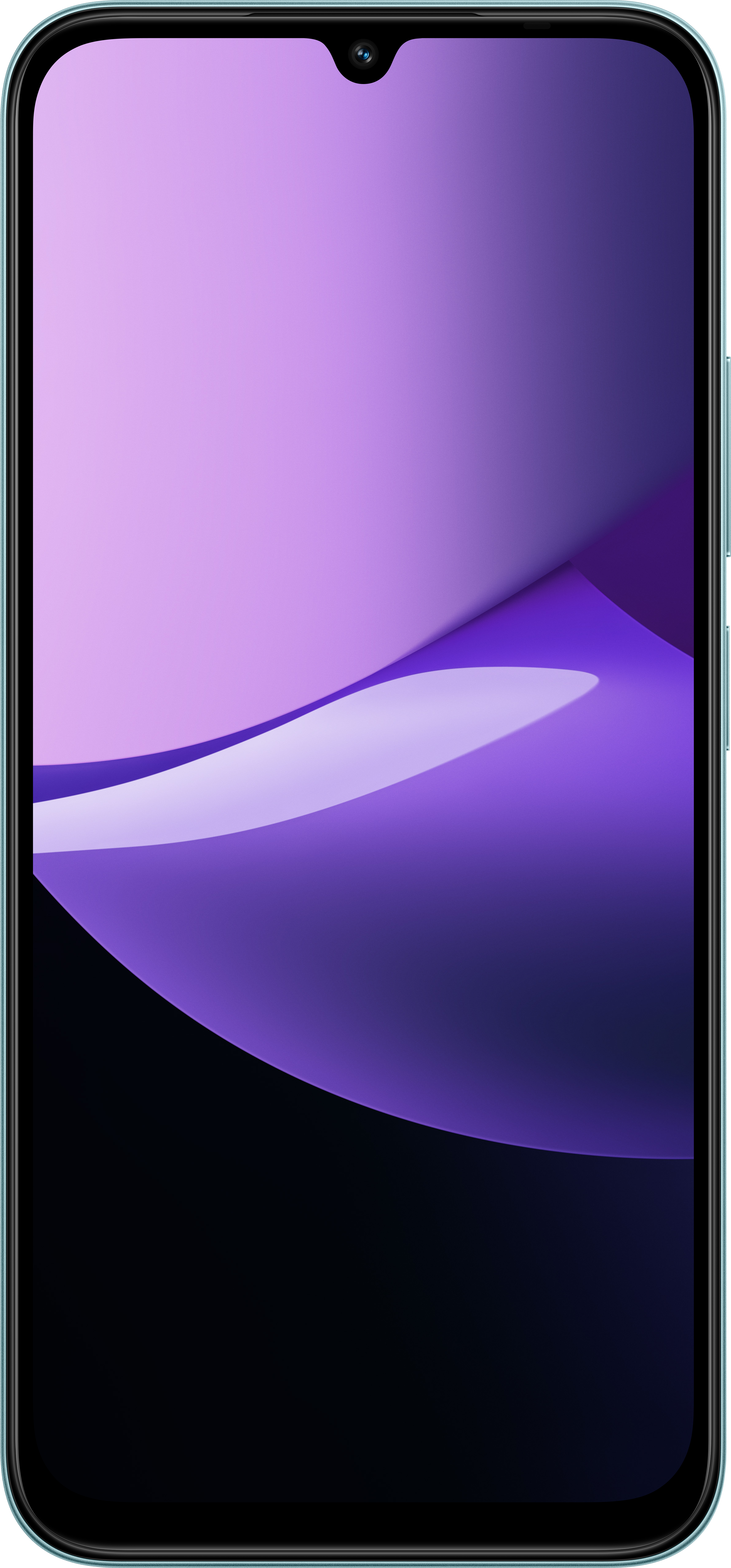 Écran de smartphone avec design violet abstrait. Le haut a une caméra. L'écran a un design dégradé avec une courbe et du noir en bas.