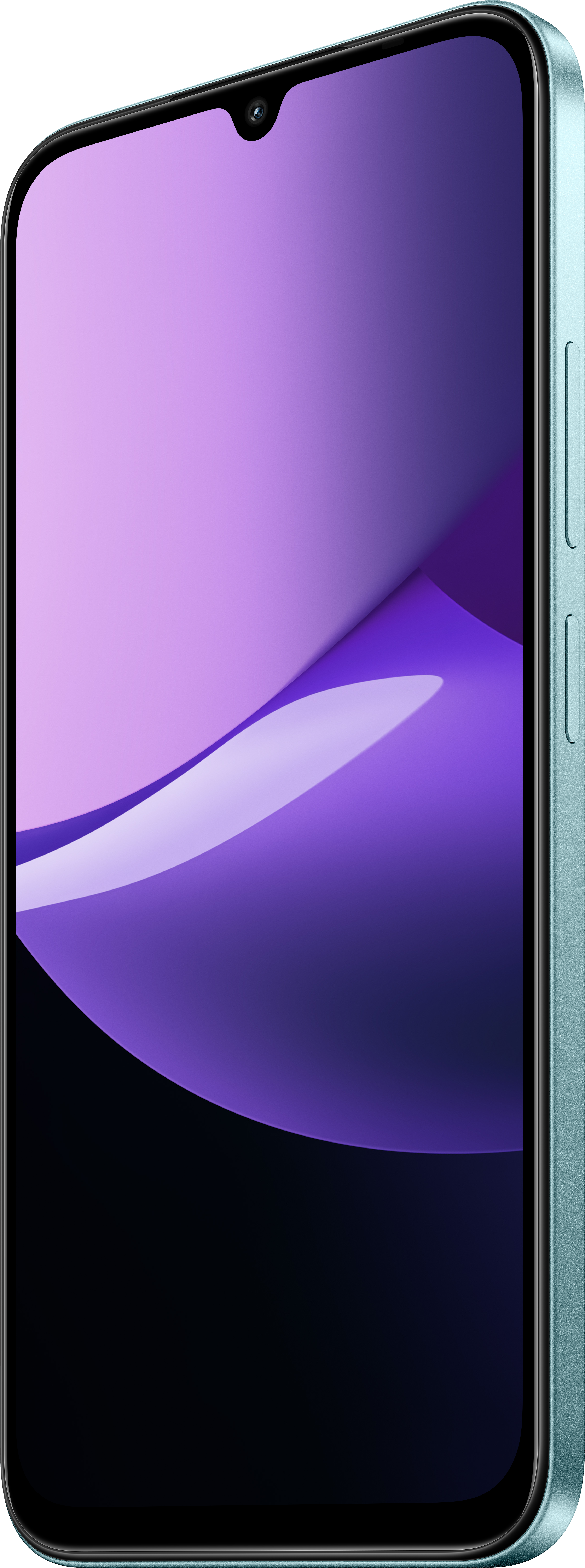 Un smartphone turquoise affiche un design abstrait violet et noir. Le côté du téléphone comporte des boutons.