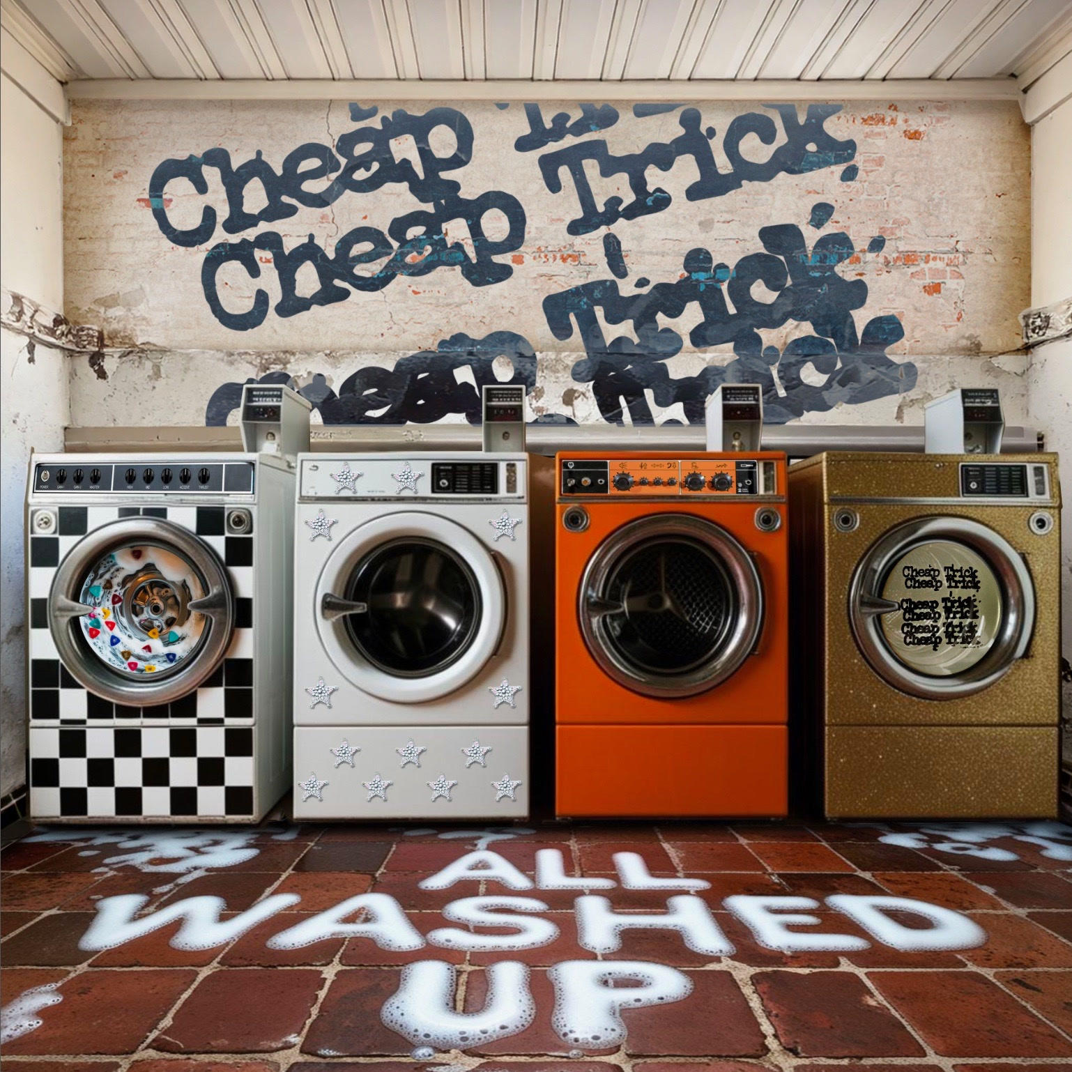 Mosókonyha négy mosógéppel. A falon lévő graffitik azt mondják: 'Cheap Trick'. A padlón lévő szöveg: 'All Washed Up'.