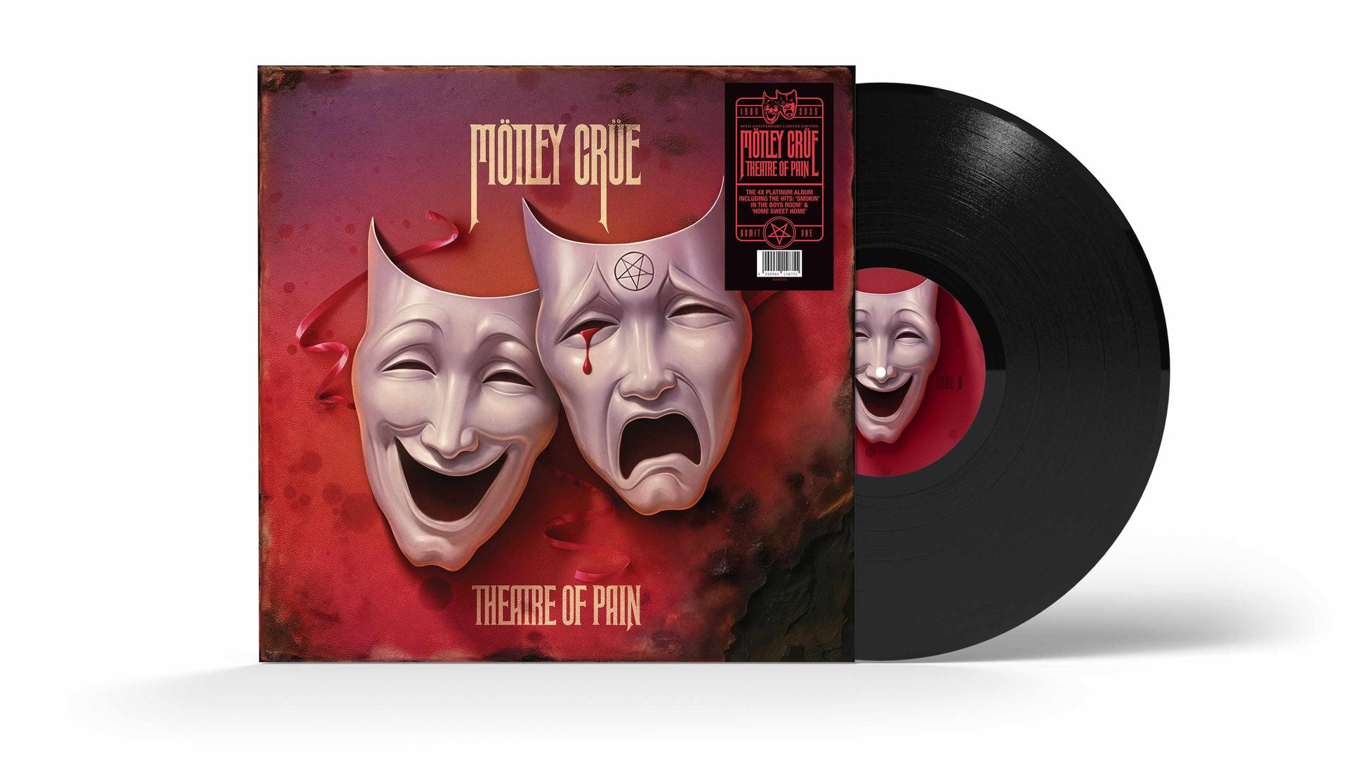 A Mötley Crüe 'Theatre of Pain' című albumának borítója. Két színházi maszkot és egy bakelitlemezt ábrázol.
