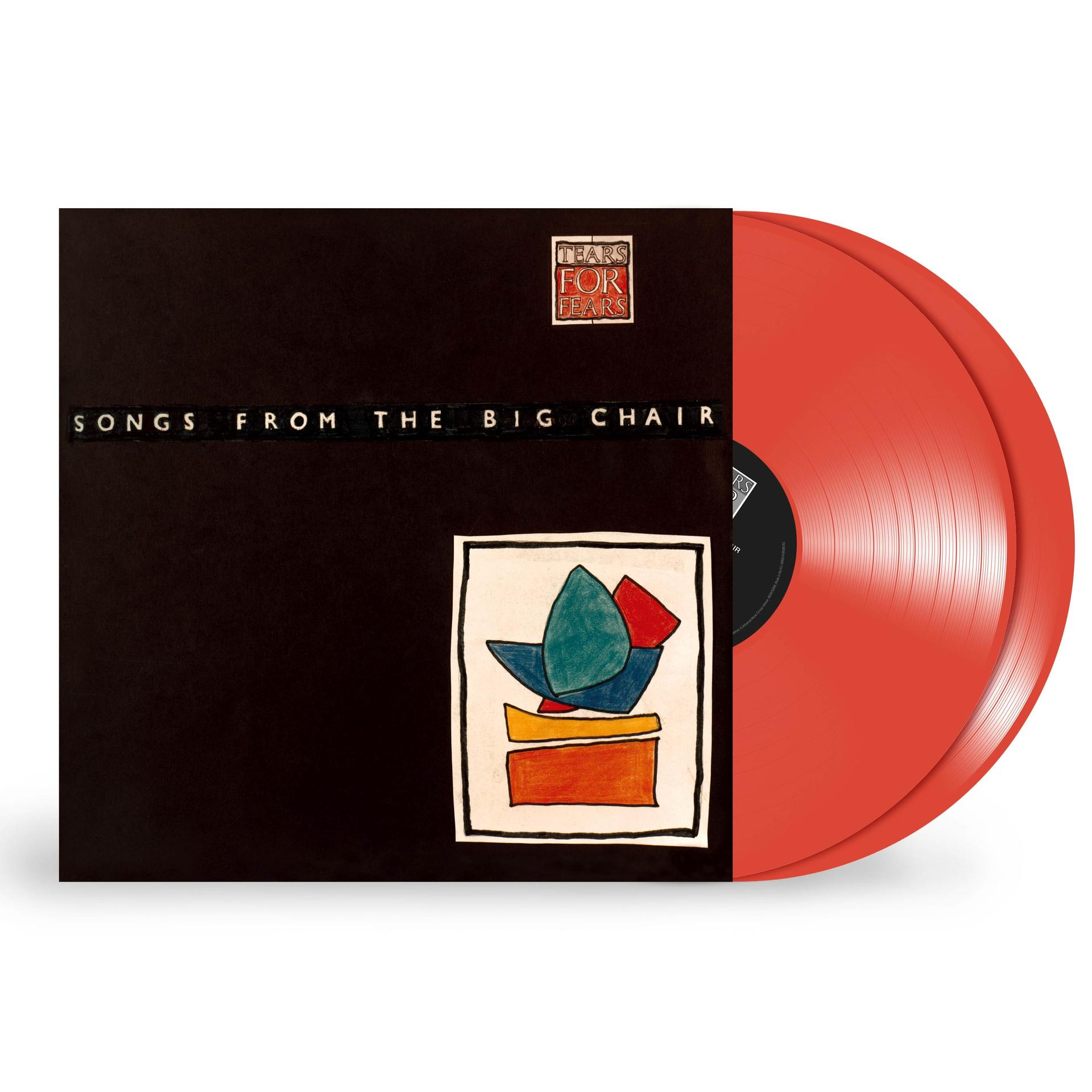 A Tears For Fears 'Songs From The Big Chair' című albumának borítója. Piros bakelit lemez, fekete borító és színes absztrakt kép látható.