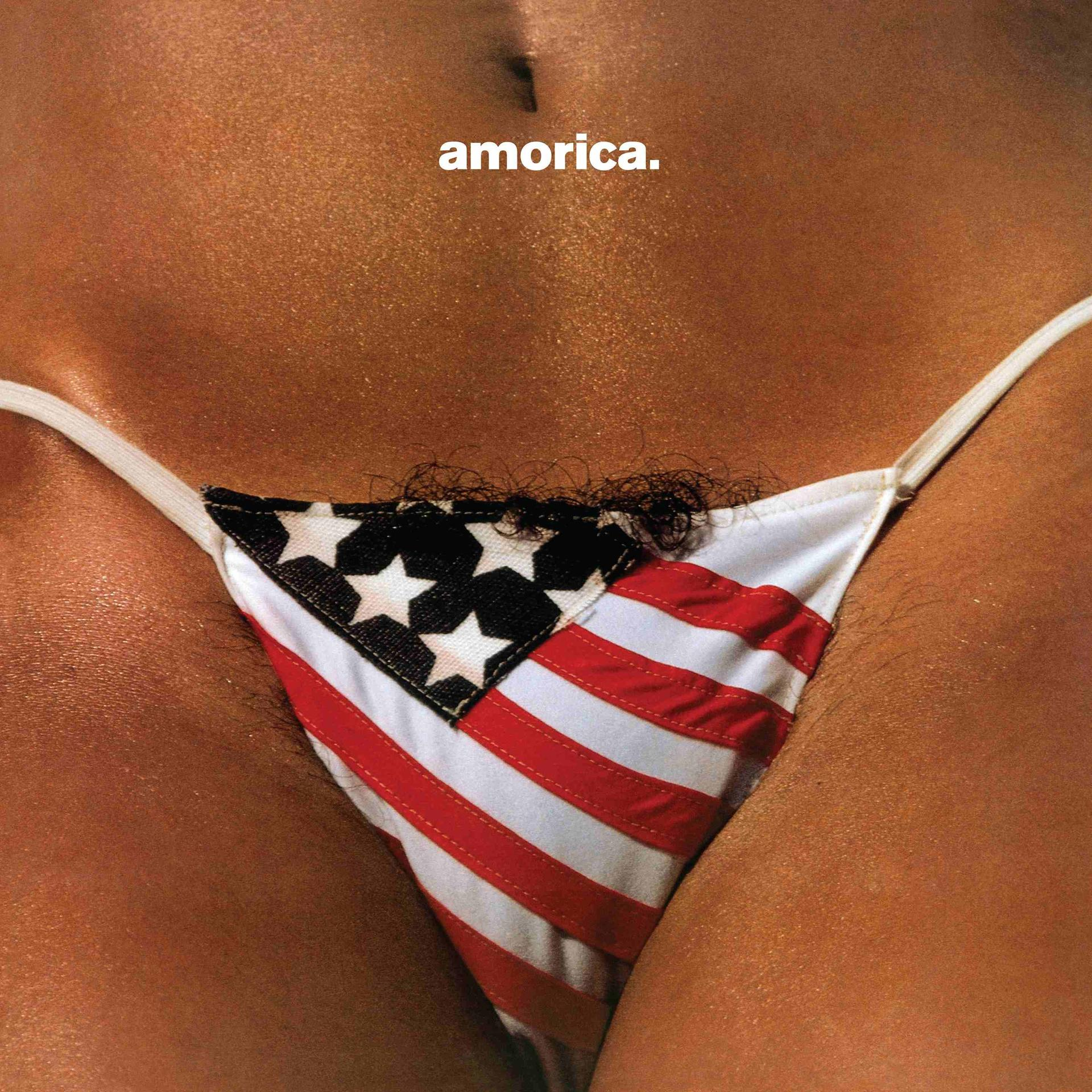 Egy személy törzsének közeli képe. Egy amerikai zászló mintájú bikini alsó. Az 'amorica' szó a bikini felett található.