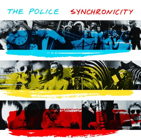 A The Police 'Synchronicity' című albumának borítója. A zenekar tagjait és szimbolikus képeket mutat be kék, sárga és piros szakaszokra osztva.