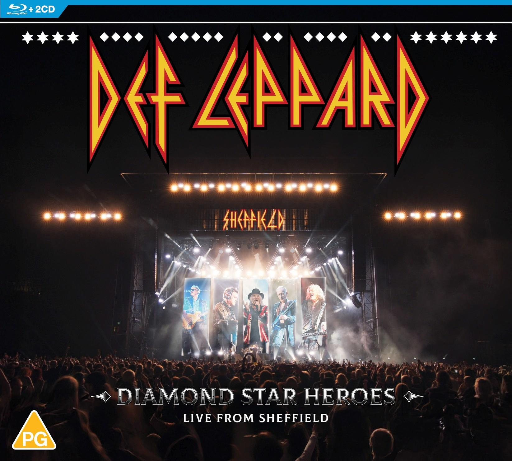 A Def Leppard élő koncertalbumának borítója. A zenekar a színpadon, a közönséggel. Cím: Diamond Star Heroes Live From Sheffield.
