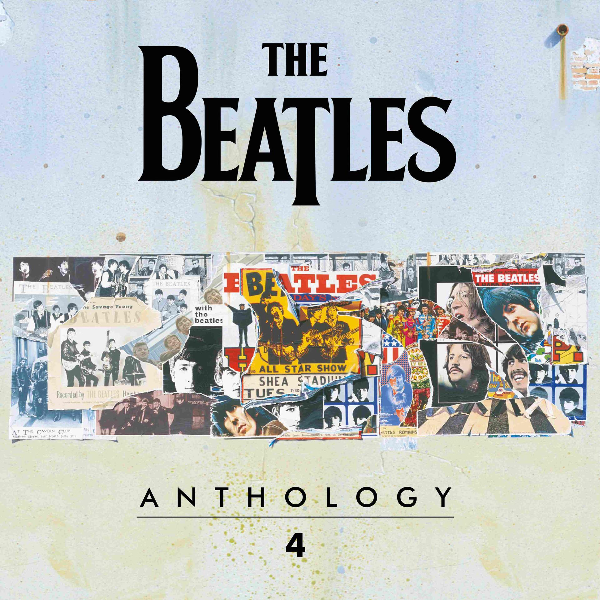 A Beatles Anthology 4 album borítója. A zenekar képeit, plakátokat és a zenekar nevét tartalmazza. Világoskék háttér.