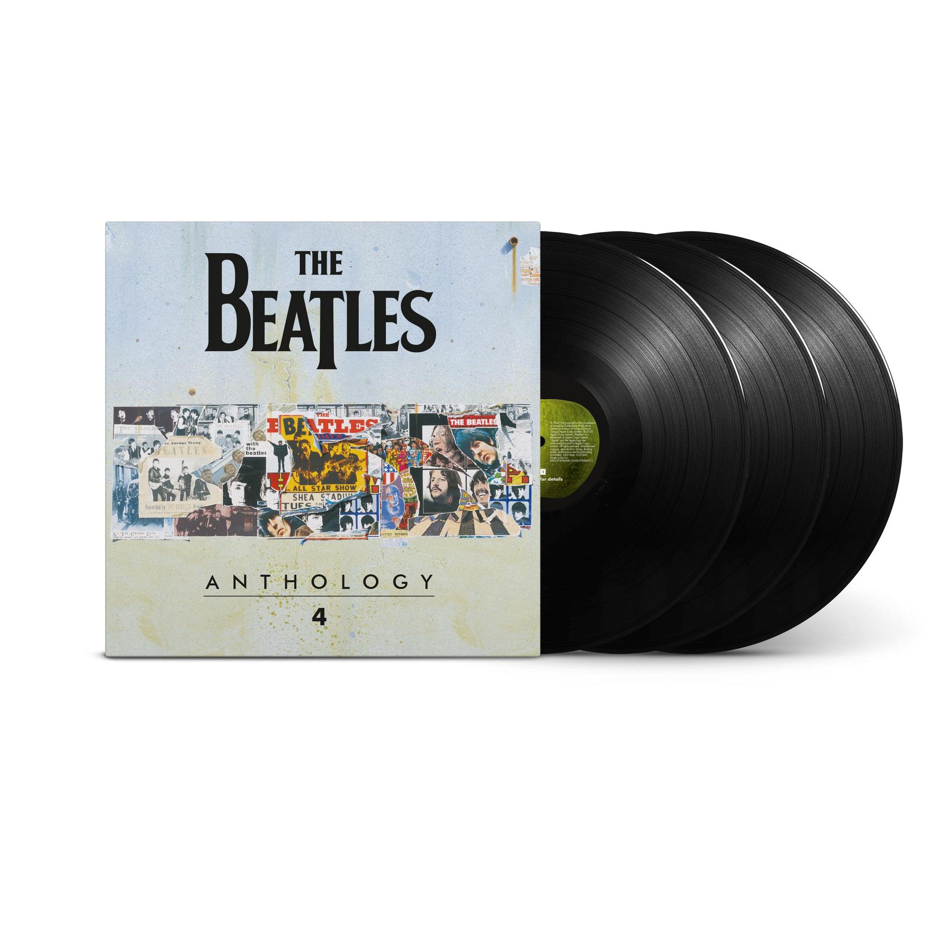 A Beatles Anthology 4 album borítója, három bakelit lemezzel. A borító egy kollázst és a zenekar logóját mutatja.