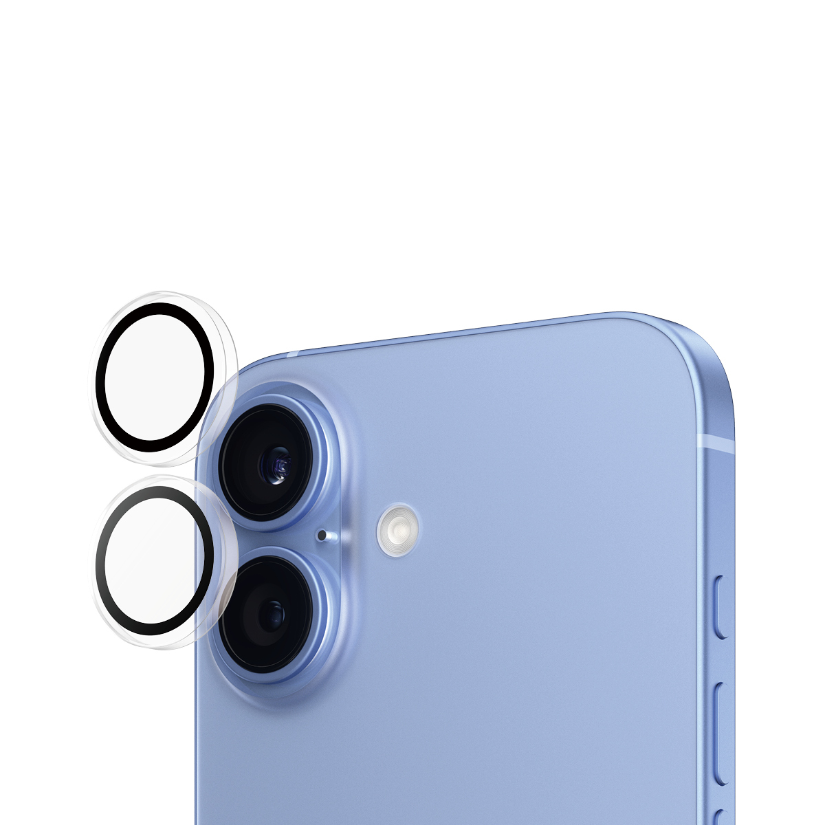 Nahaufnahme eines hellblauen Smartphones mit zwei Linsenschützern auf der Kamera. Weißer Hintergrund.