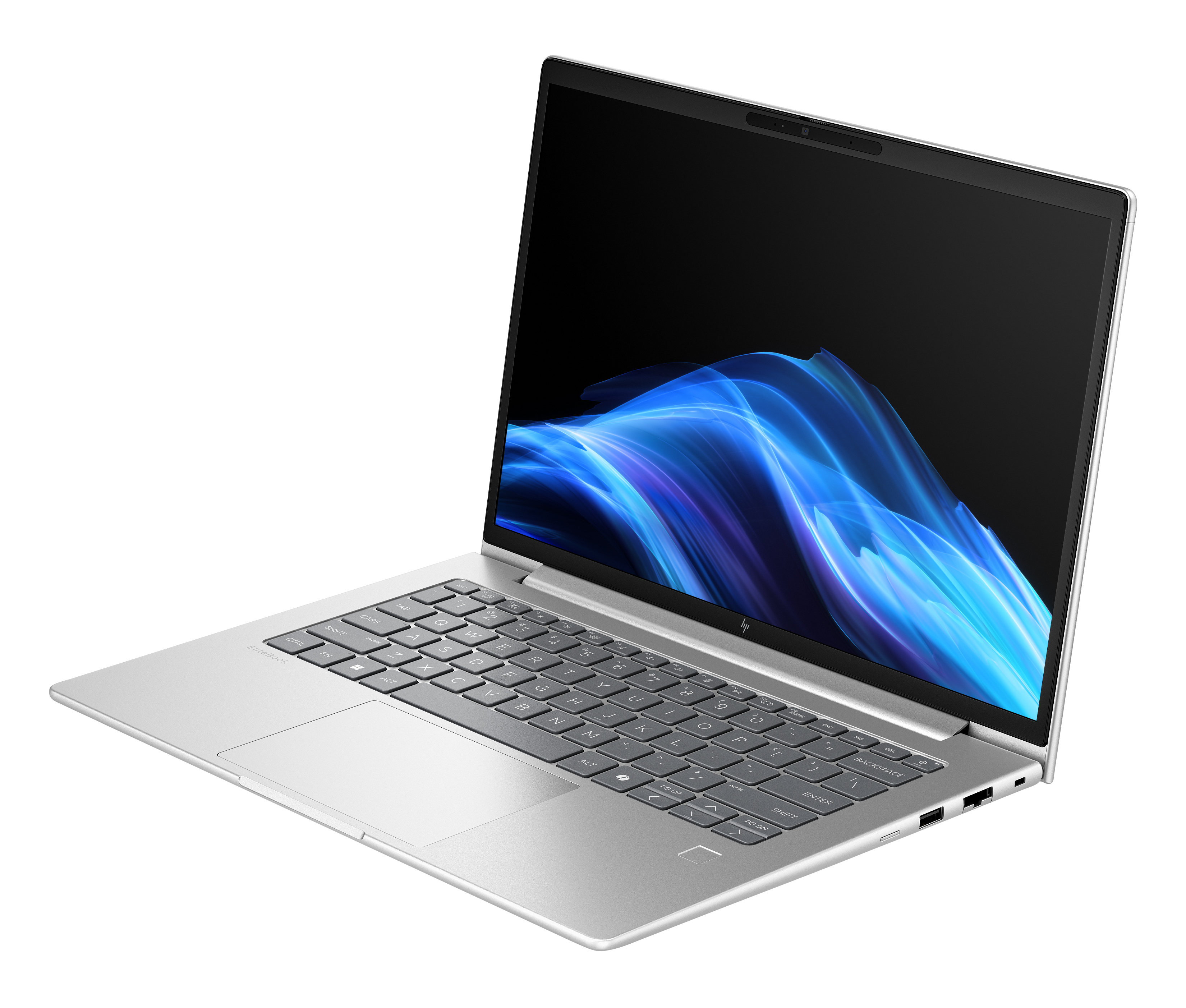 Silberner Laptop auf weißem Grund. Bildschirm zeigt blaues abstraktes Design. Tastatur sichtbar. Webcam oben.