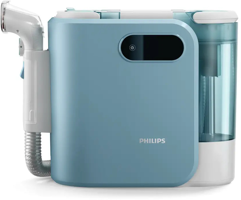 Niebiesko-białe urządzenie medyczne Philips. Posiada przycisk zasilania, zbiornik na wodę i białą rurkę oddechową. Widoczne logo.