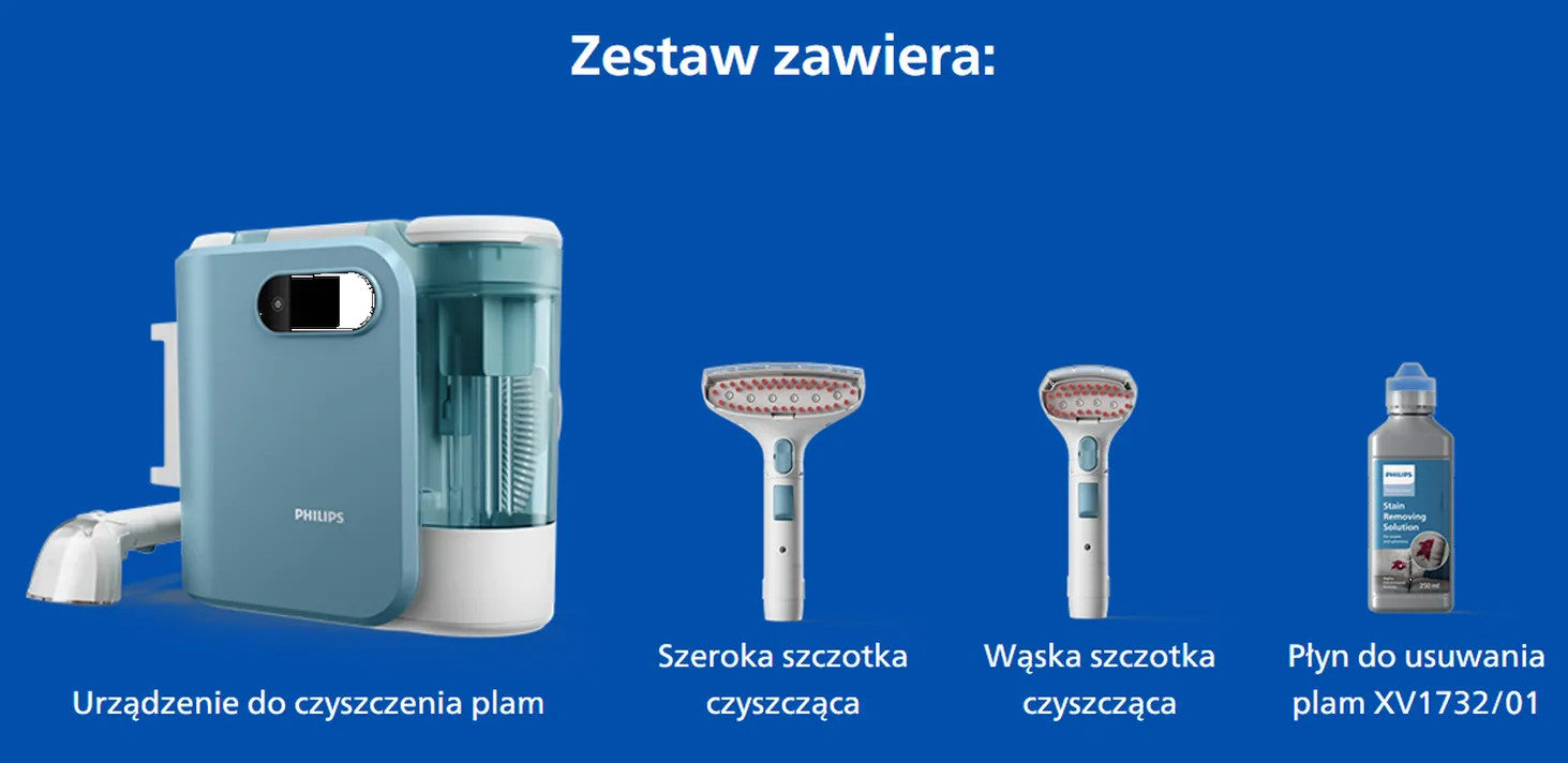 Niebiesko-biały zestaw do usuwania plam Philips. Zawiera środek czyszczący, dwie szczotki i roztwór do usuwania plam.