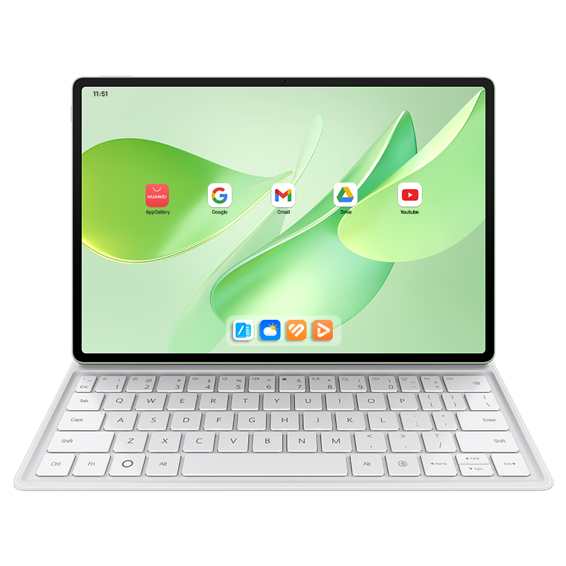 Beyaz klavyeli bir tablet. Ekran, AppGallery, Google, Gmail, Drive ve YouTube gibi uygulama simgelerini gösteriyor.
