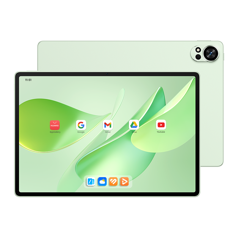 Nane yeşili bir tablet ekranını gösteriyor. AppGallery, Google, Gmail, Drive ve YouTube simgeleri görülebilir. Tabletin arkası da görülebilir.