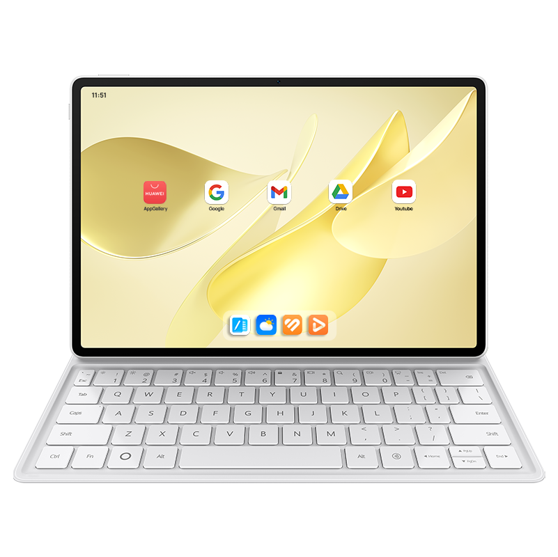 Beyaz klavyeli bir tablet. Ekran, AppGallery, Google, Gmail, Drive ve YouTube uygulama simgelerini gösterir.
