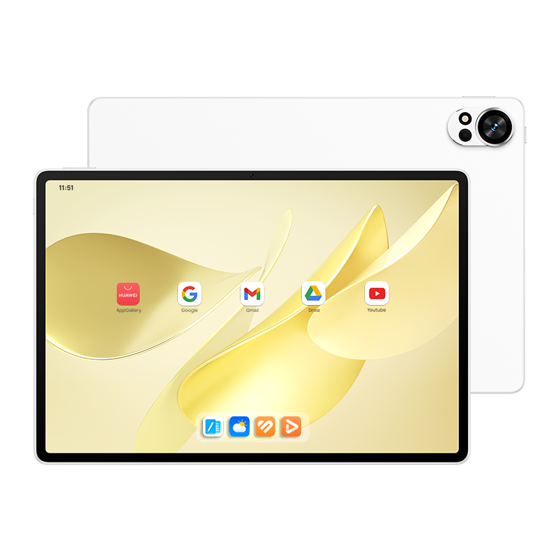 Uygulama simgelerinin görüntülendiği ekranı olan beyaz tablet. Arkasında başka bir tablet var. Arka plan beyaz.