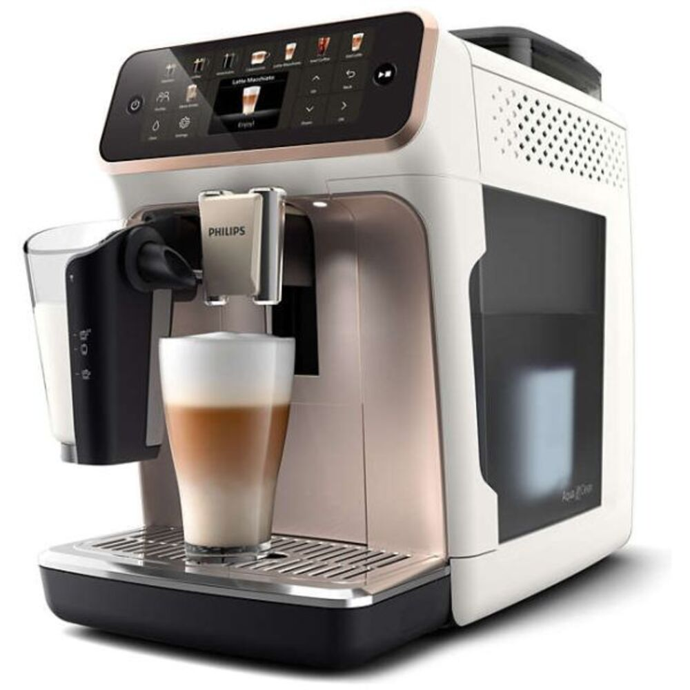 Biały i różowo-złoty ekspres do kawy Philips robi latte. Szklanka zawiera warstwy kawy i mleka.