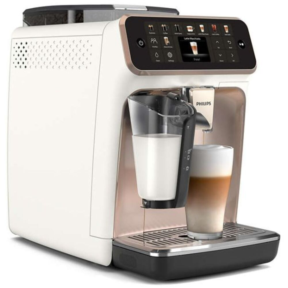 Biało-złoty ekspres do kawy Philips. Widoczny jest szklanka z mlekiem i szklanka z warstwowym latte. Ekran wyświetla opcje kawy.