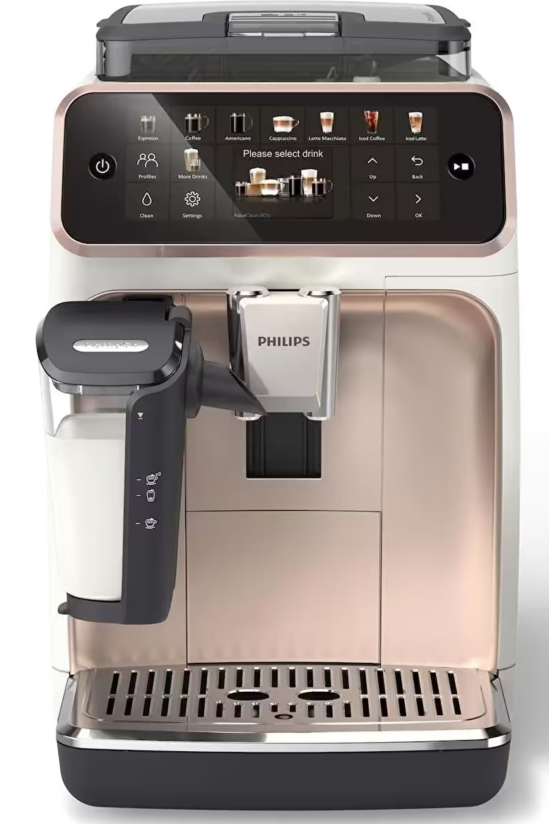 Ekspres do kawy Philips z ekranem dotykowym. Ma opcje dla różnych napojów kawowych. Pojemnik na mleko jest po lewej stronie.