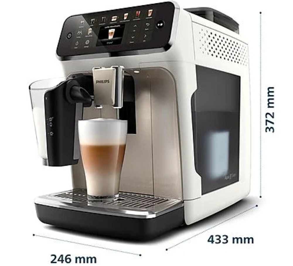 Ekspres do kawy Philips z latte w szklance. Wymiary: 246 mm x 433 mm x 372 mm. Ekspres posiada ekran dotykowy.