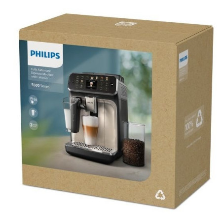 Ekspres do kawy Philips znajduje się w kartonowym pudełku. Ekspres jest czarny i srebrny, ze szklanką kawy i ziarnami.