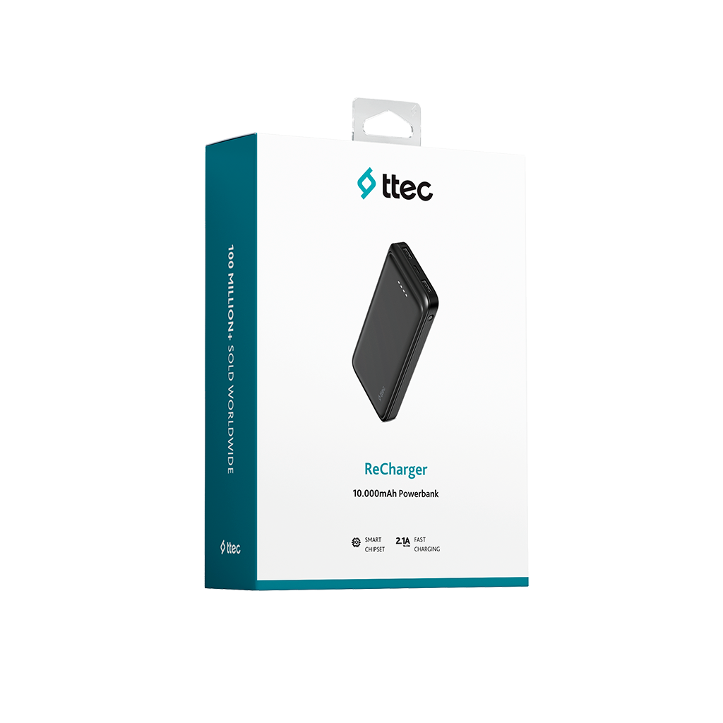 Siyah bir güç bankası içeren bir ürün kutusu. Marka ttec, üzerinde "ReCharger" ve "10.000mAh Powerbank" yazılı.