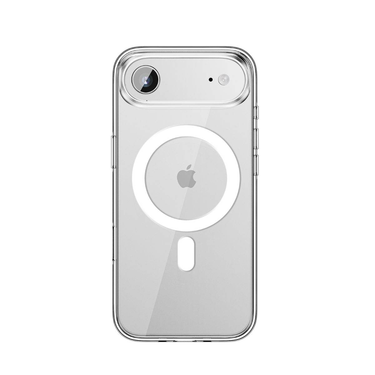 Beyaz MagSafe halkası ve Apple logosu olan şeffaf iPhone kılıfı, iki kamera ve siyah arka plan ile.