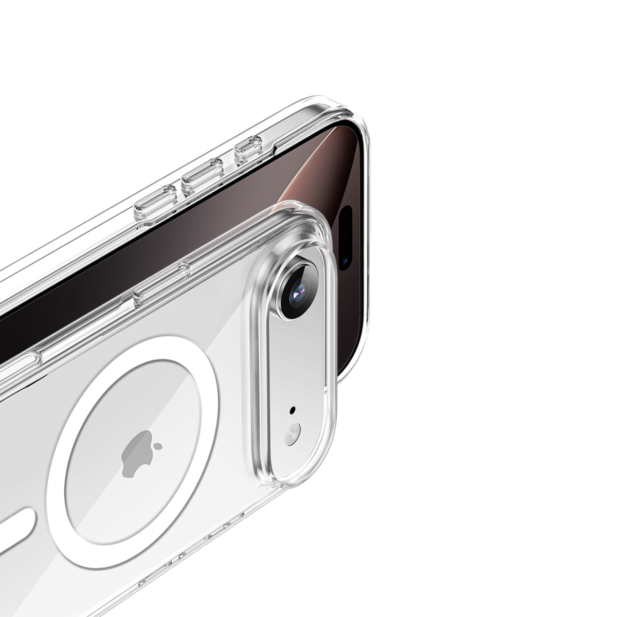 iPhone'lu şeffaf telefon kılıfı. Kılıfın MagSafe halkası var ve kamerayı kapatıyor. Siyah arka plan.