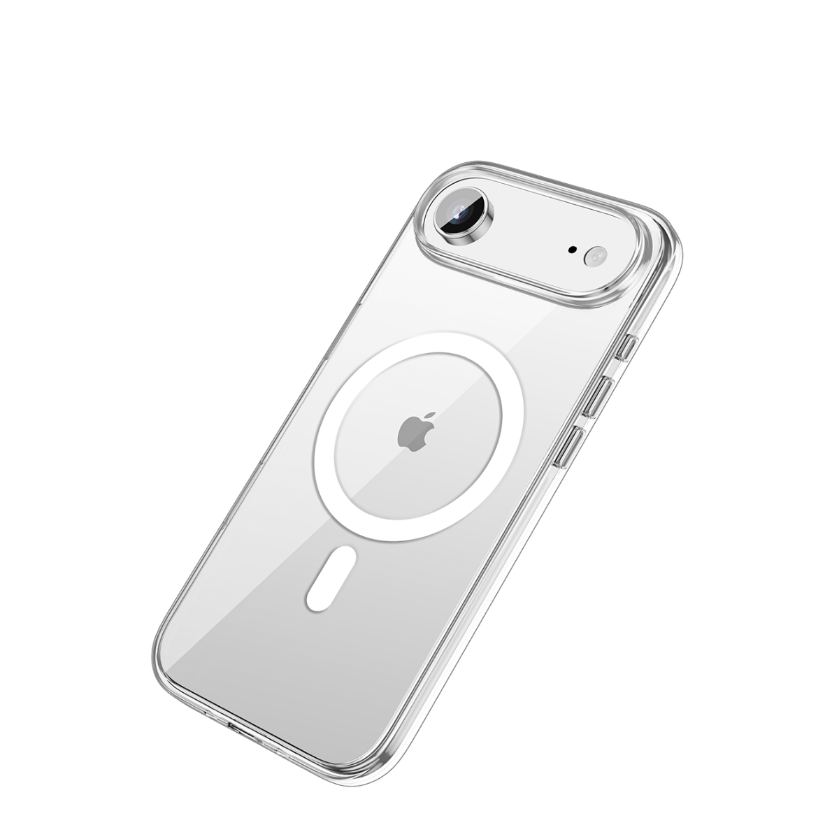 Siyah arka plan üzerinde şeffaf telefon kılıfı. Kılıf, beyaz bir MagSafe halkasına ve Apple logosuna sahip.