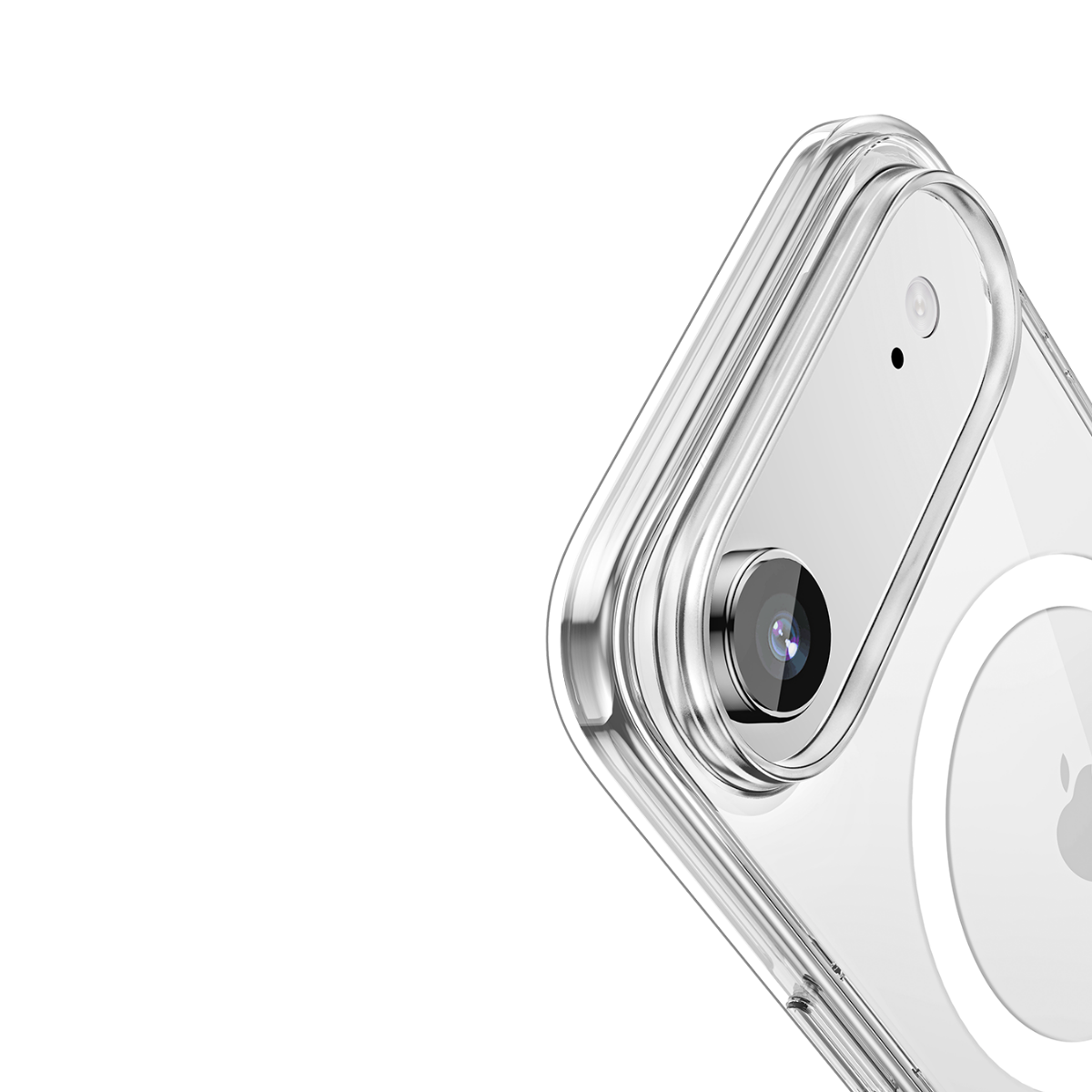 Kamera merceği ve Apple logosu olan şeffaf bir iPhone kılıfının yakın çekimi. Arka plan siyah.