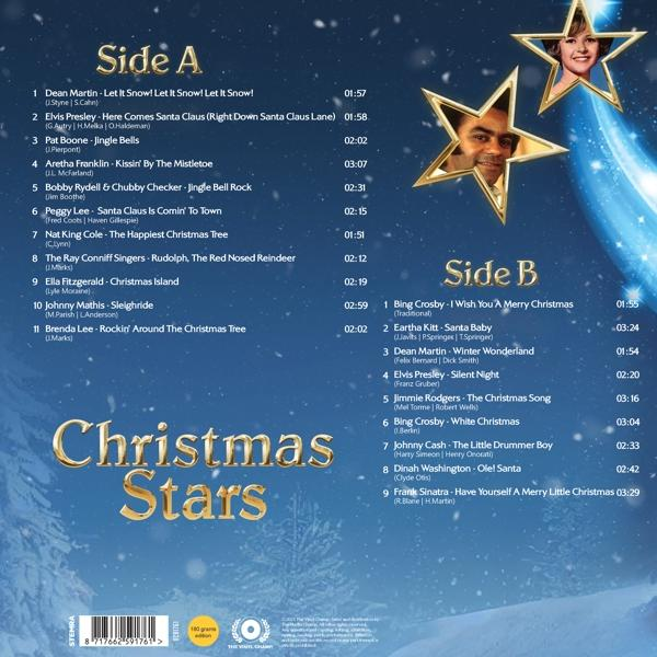 A 'Christmas Stars' című album borítója, A és B oldalas számlistákkal, csillag alakú portrékkal és arany 'Christmas Stars' címmel.