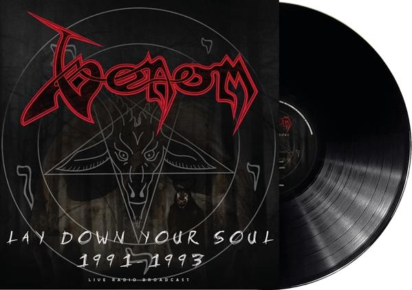 Bakelit lemez borítója piros Venom logóval, kecskefejjel és szöveggel: Lay Down Your Soul 1991-1993. Egy fekete lemez látható.