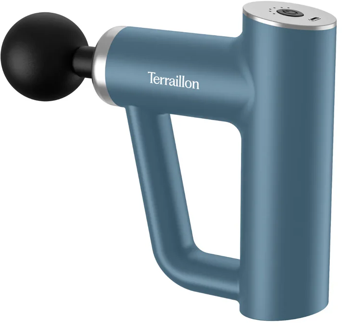 Eine blaue Massagepistole mit schwarzem Kugelkopf. Die Marke "Terraillon" steht auf der Seite. Sie hat einen Griff und eine silberne Oberseite.