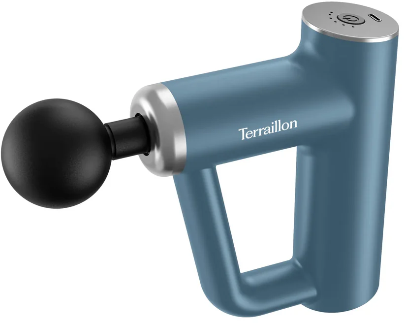 Eine blaue, tragbare Massagepistole mit einem schwarzen, kugelförmigen Kopf. Sie hat einen Griff und Knöpfe oben. Der Markenname 'Terraillon' ist sichtbar.